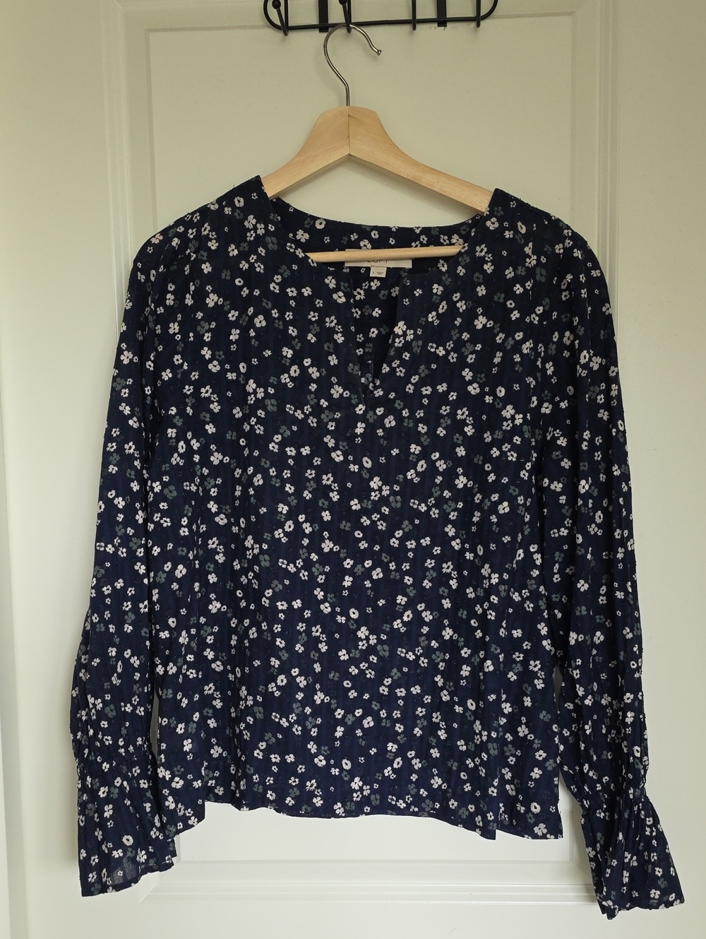 LOFT Navy Floral Long-Sleeve Blouse